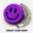 Purple Lavender Vanilla Smiley Cash Soap with a fan of US dollar bills