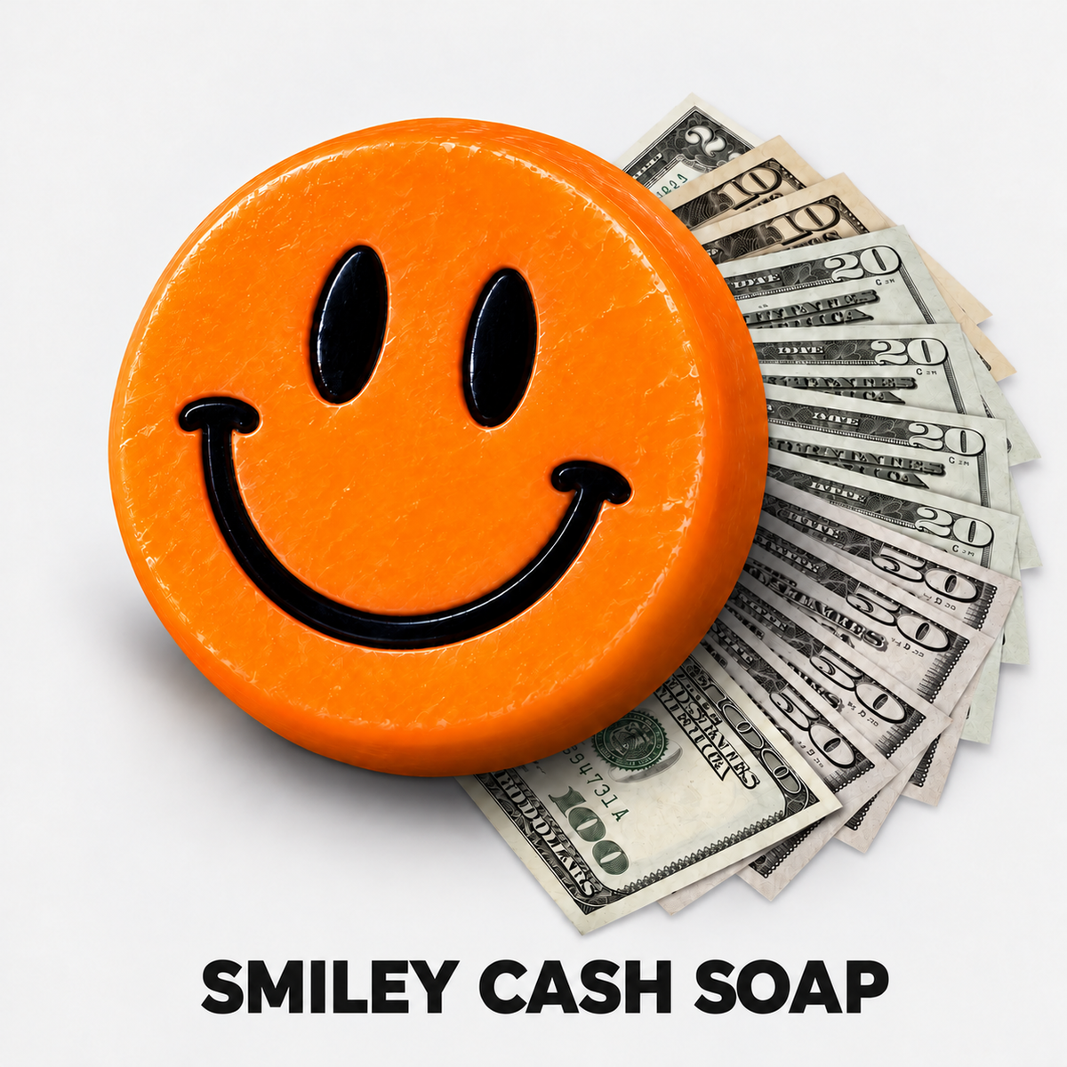 Orange Smiley Cash goat milk soap with a fan of cash