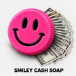 Pink Smiley Cash goat milk soap with a fan of cash