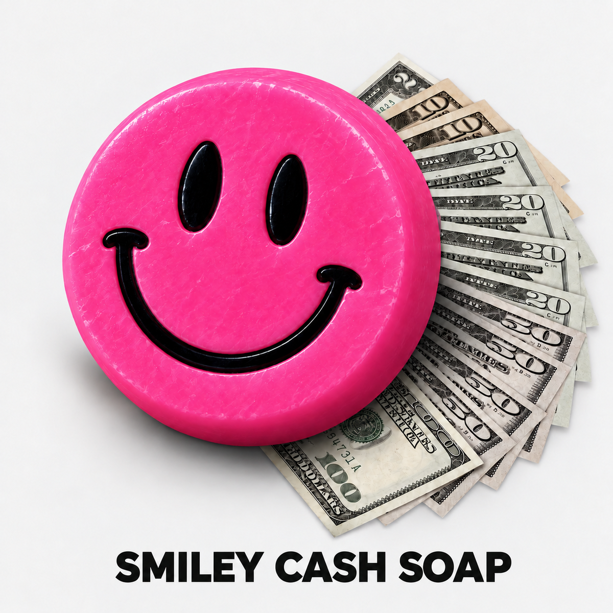 Pink Smiley Cash goat milk soap with a fan of cash