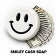 White Smiley Cash goat milk soap with a fan of cash