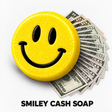Yellow Smiley Cash goat milk soap with a fan of cash