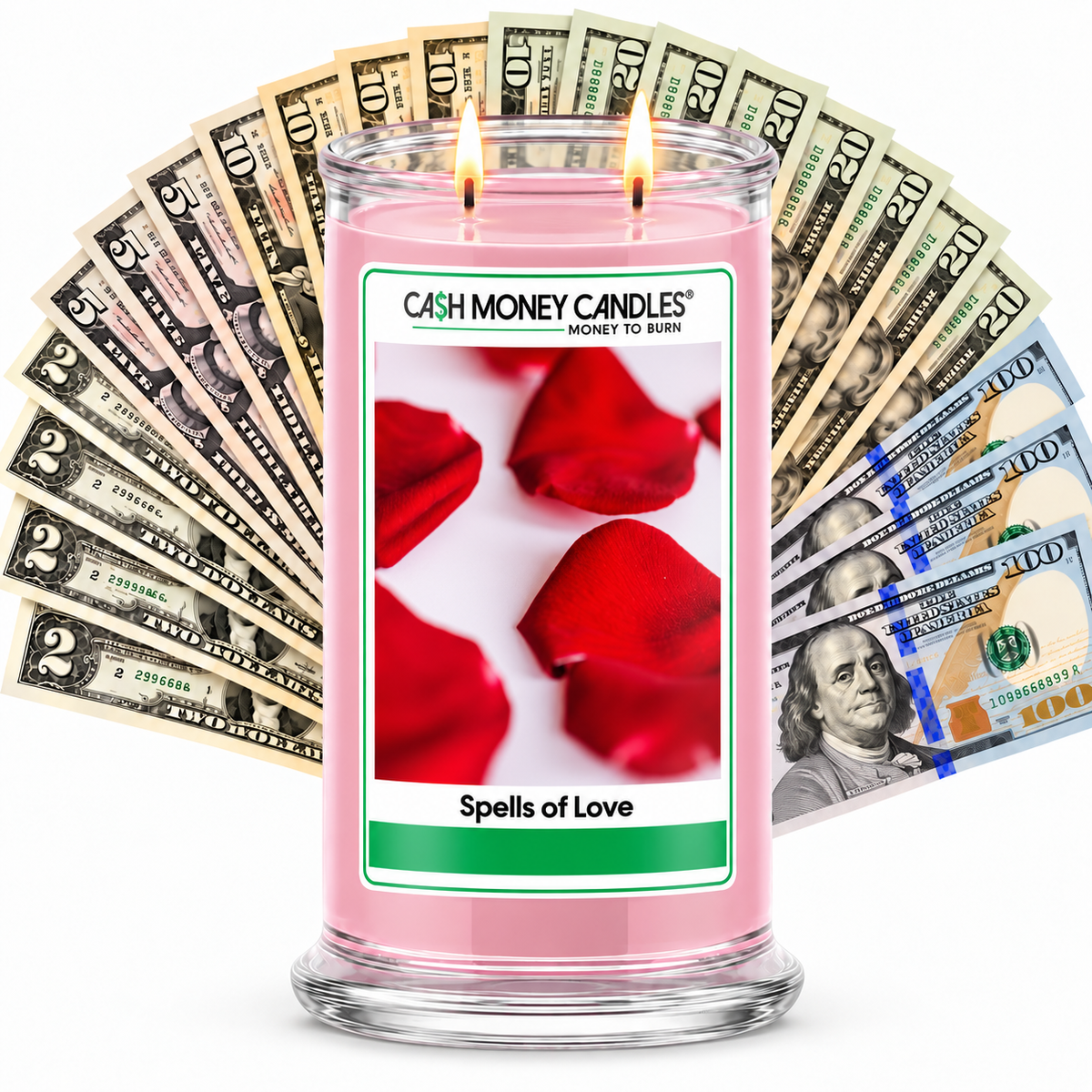 Spells of Love Cash Candle with two lit wicks and a fan of cash