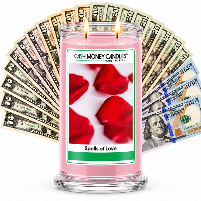 Spells of Love Cash Candle with two lit wicks and a fan of cash