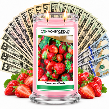 Strawberry Fields Cash Money Candle with two lit wicks and a fan of cash