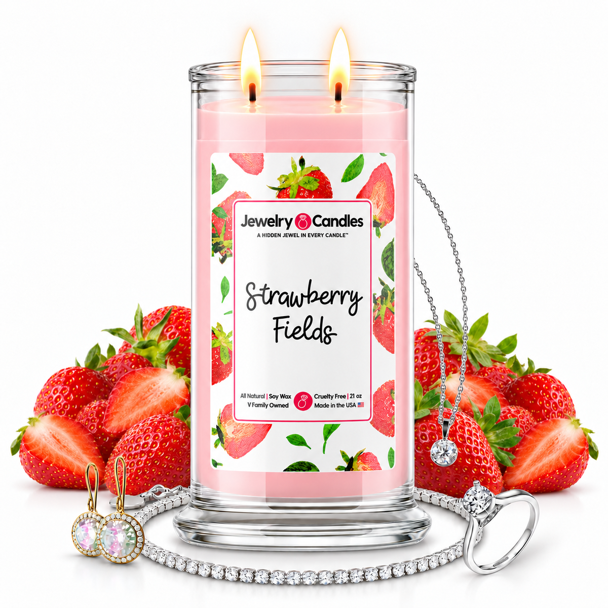 Strawberry Fields Jewelry Candle with two lit flames and jewelry