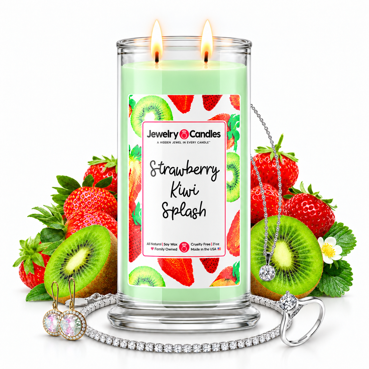 Strawberry Kiwi Splash Jewelry Candle with two lit flames and jewelry