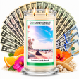 Summer Sands Beach Cash Money Candle with two lit wicks and a fan of cash