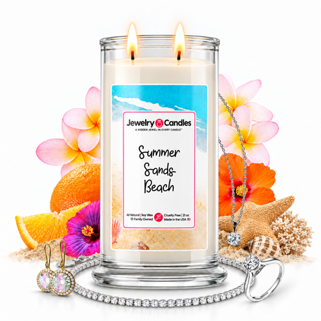 Summer Sands Beach Jewelry Candle with two lit flames and jewelry