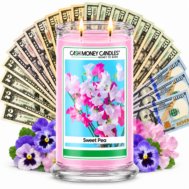 Sweet Pea Cash Money Candle with two lit wicks and a fan of cash