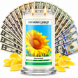 Unscented Cash Money Candle with two lit wicks and a fan of cash