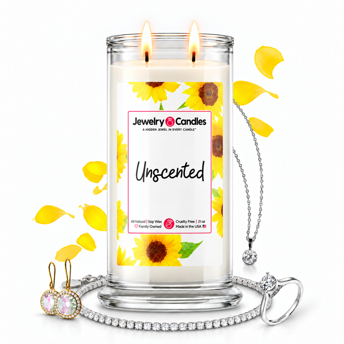 Unscented Jewelry Candle with two lit flames and jewelry