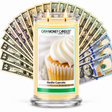 Vanilla Cupcake Cash Candle with two lit wicks and a fan of cash