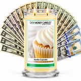 Vanilla Cupcake Cash Candle with two lit wicks and a fan of cash