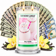 Very Vanilla Cash Money Candle with two lit wicks and a fan of cash