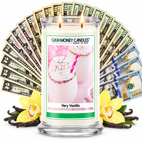 Very Vanilla Cash Money Candle with two lit wicks and a fan of cash