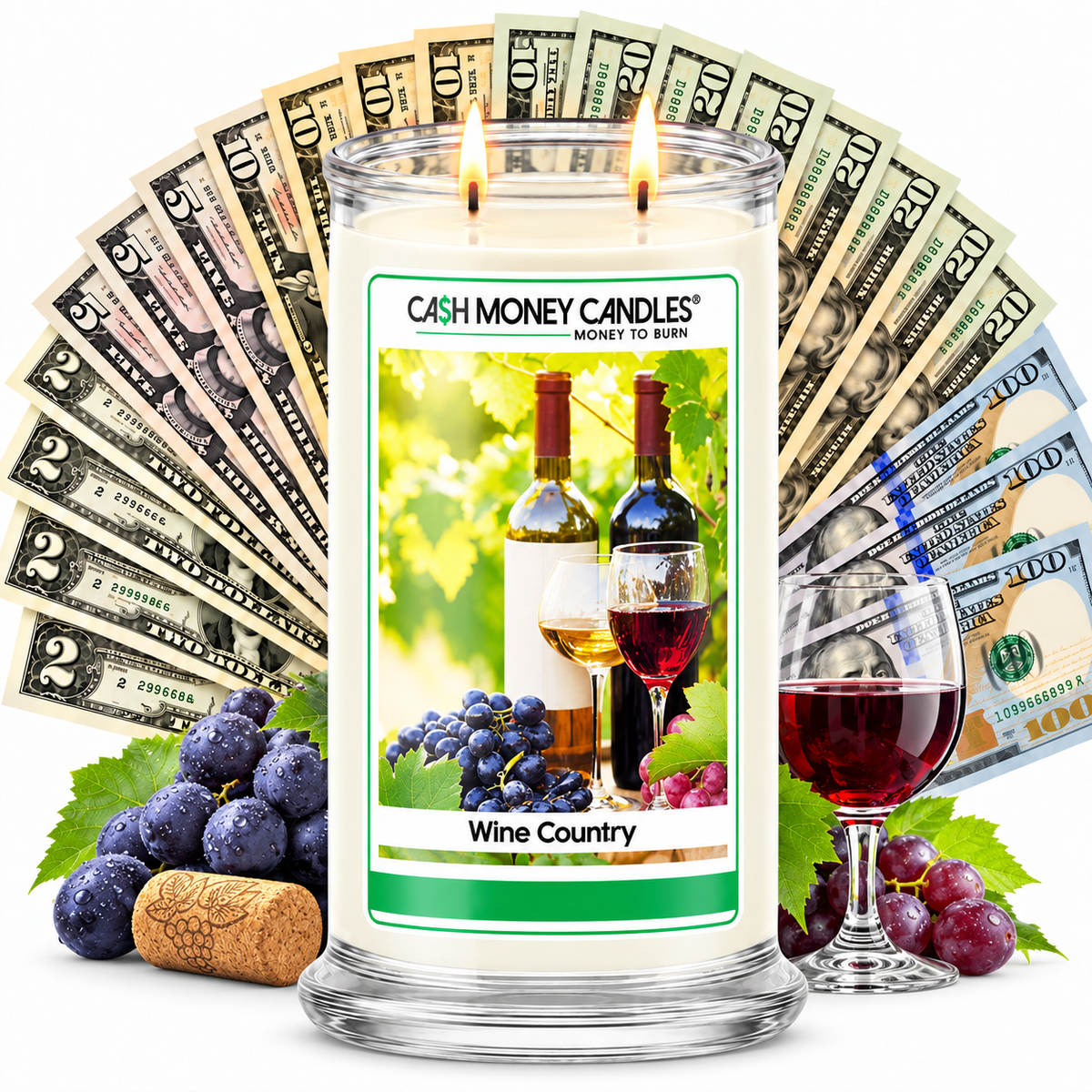 Wine Country Cash Money Candle with two lit wicks and a fan of cash