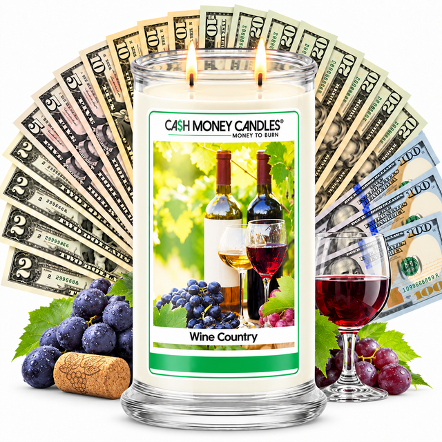 Wine Country Cash Money Candle with two lit wicks and a fan of cash