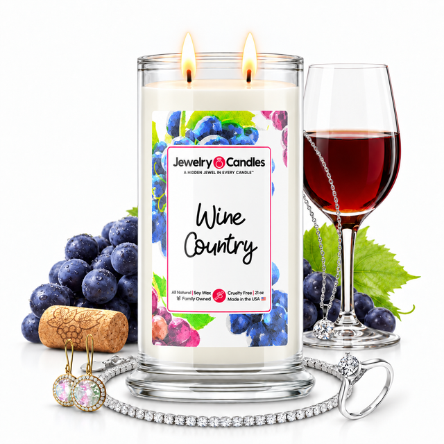 Wine Country Jewelry Candle with two lit flames and jewelry