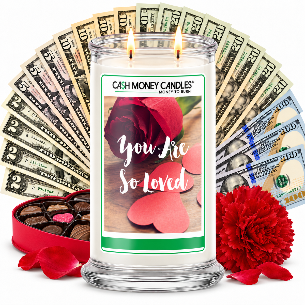 You Are So Loved Cash Money Candle with two lit wicks and a fan of cash