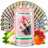 You're Beautiful The Way You Are Cash Money Candle with two lit wicks and a fan of cash