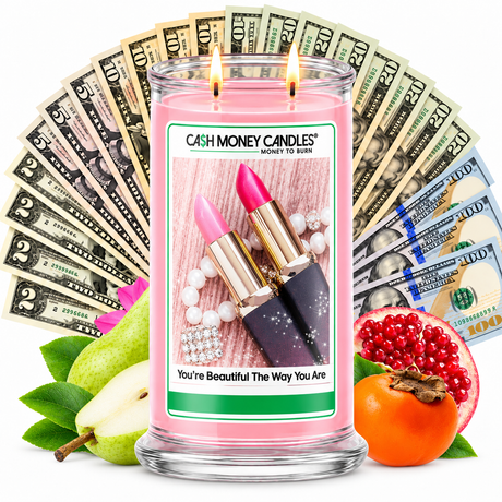 You're Beautiful The Way You Are Cash Money Candle with two lit wicks and a fan of cash
