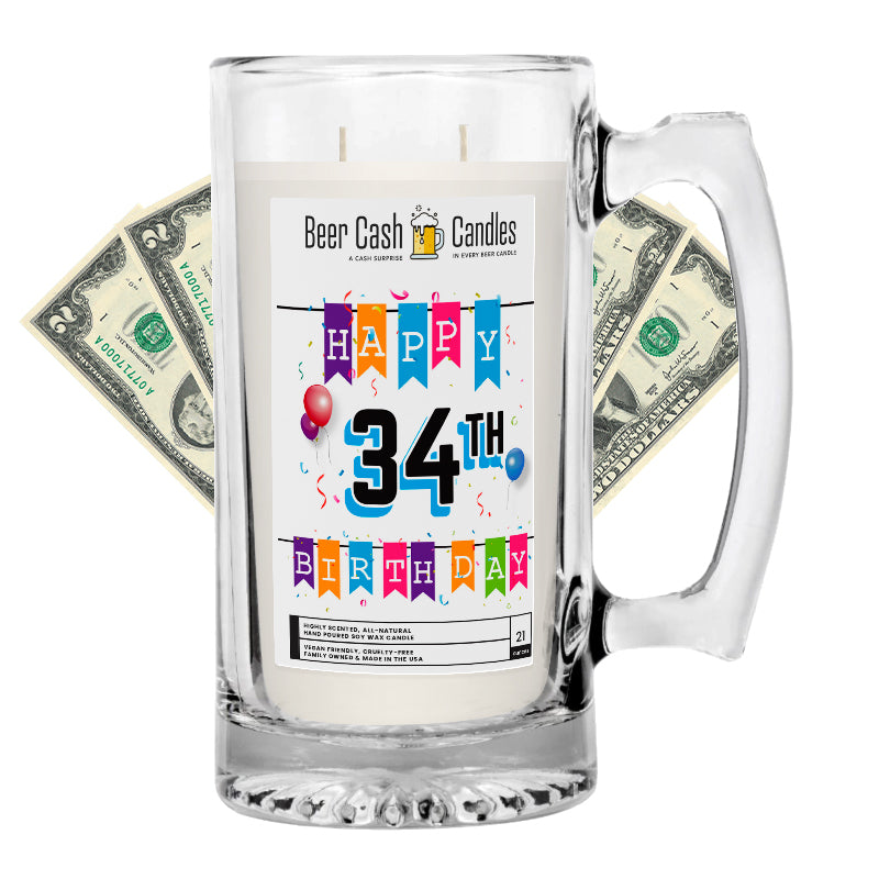 Happy 34th Birthday Beer Cash Candle