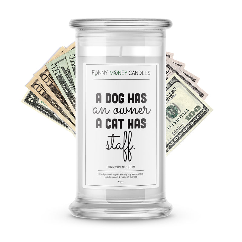 A Dog has an owner a cat has staff Money Funny Candles