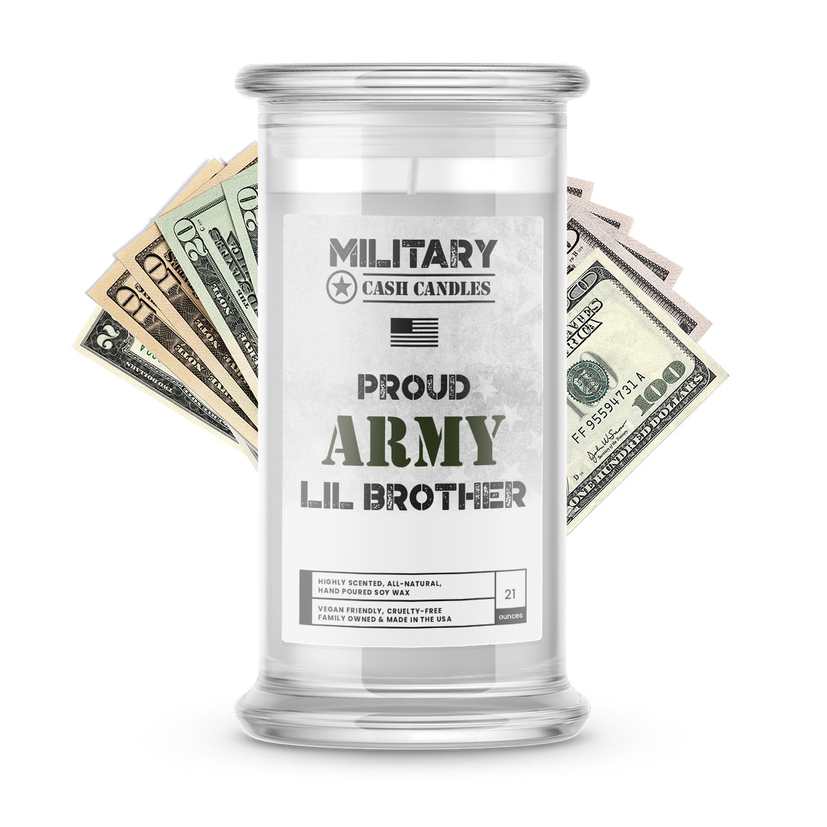 Proud ARMY Lil Brother | Military Cash Candles