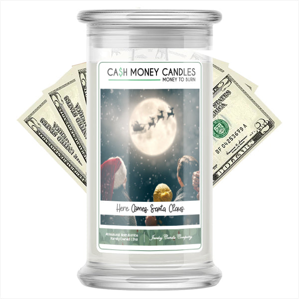 Here Comes Santa Claus Cash Money Candle