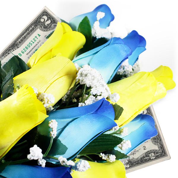 Baby Blue & Yellow Bouquet | Cash Roses®-Cash Roses®-The Official Website of Jewelry Candles - Find Jewelry In Candles!