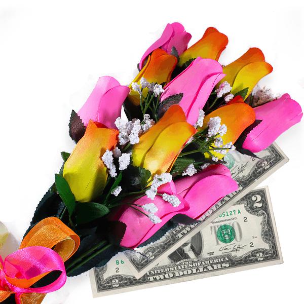 Orange Yellow Ombré & Pink Bouquet | Cash Roses®-Cash Roses®-The Official Website of Jewelry Candles - Find Jewelry In Candles!