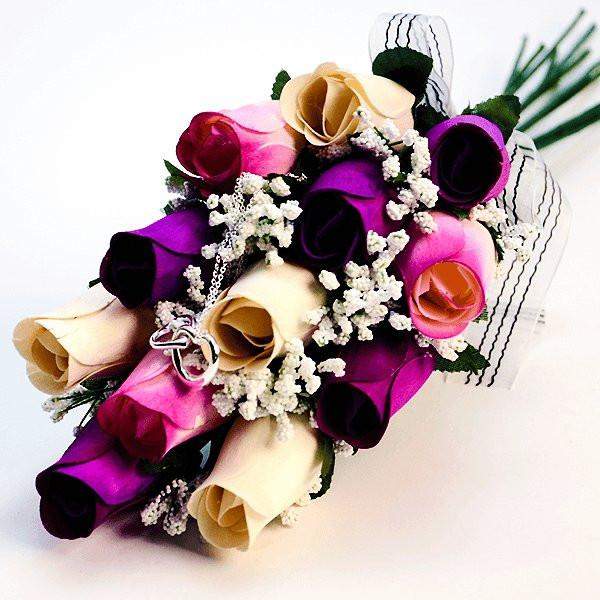 Cream, Deep Purple, & Lavender Ombré Dozen Bouquet | Jewelry Roses®-White, Lavender and White with Lavender Tipped Wax Roses Bouquet-The Official Website of Jewelry Candles - Find Jewelry In Candles!