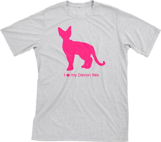 I Love My Devon Rex | Must Love Cats® Hot Pink On Heathered Grey Short Sleeve T-Shirt-Must Love Cats® T-Shirts-The Official Website of Jewelry Candles - Find Jewelry In Candles!