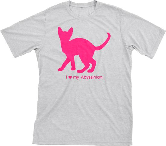 I Love My Abyssinian | Must Love Cats® Hot Pink On Heathered Grey Short Sleeve T-Shirt-Must Love Cats® T-Shirts-The Official Website of Jewelry Candles - Find Jewelry In Candles!