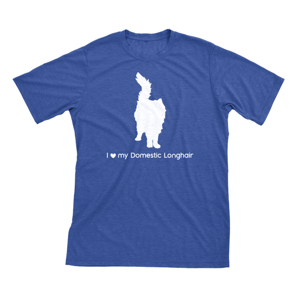 I Love My Domestic Longhair | Must Love Cats® White On Heathered Royal Blue Short Sleeve T-Shirt-Must Love Cats® T-Shirts-The Official Website of Jewelry Candles - Find Jewelry In Candles!