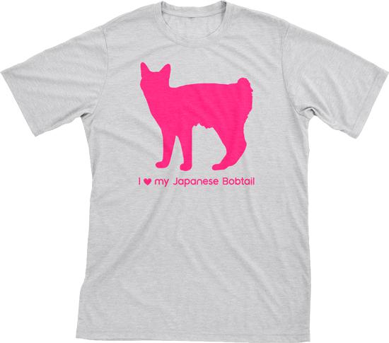 I Love My Japanese Bobtail | Must Love Cats® Hot Pink On Heathered Grey Short Sleeve T-Shirt-Must Love Cats® T-Shirts-The Official Website of Jewelry Candles - Find Jewelry In Candles!