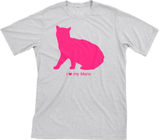 I Love My Manx | Must Love Cats® Hot Pink On Heathered Grey Short Sleeve T-Shirt-Must Love Cats® T-Shirts-The Official Website of Jewelry Candles - Find Jewelry In Candles!