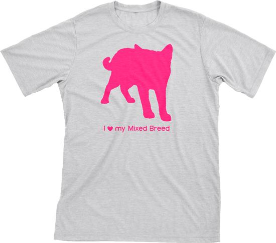 I Love My Mixed Breed | Must Love Cats® Hot Pink On Heathered Grey Short Sleeve T-Shirt-Must Love Cats® T-Shirts-The Official Website of Jewelry Candles - Find Jewelry In Candles!