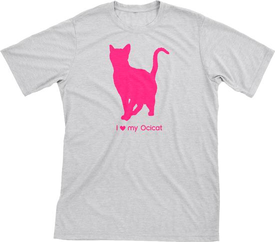 I Love My Ocicat | Must Love Cats® Hot Pink On Heathered Grey Short Sleeve T-Shirt-Must Love Cats® T-Shirts-The Official Website of Jewelry Candles - Find Jewelry In Candles!