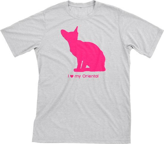 I Love My Oriental | Must Love Cats® Hot Pink On Heathered Grey Short Sleeve T-Shirt-Must Love Cats® T-Shirts-The Official Website of Jewelry Candles - Find Jewelry In Candles!