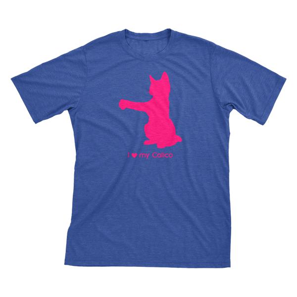 I Love My Calico | Must Love Cats® Hot Pink On Heathered Royal Blue Short Sleeve T-Shirt-Must Love Cats® T-Shirts-The Official Website of Jewelry Candles - Find Jewelry In Candles!