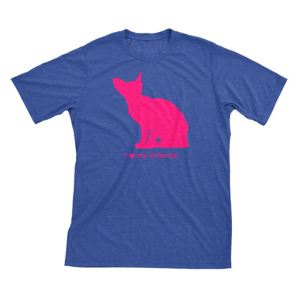 I Love My Oriental | Must Love Cats® Hot Pink On Heathered Royal Blue Short Sleeve T-Shirt-Must Love Cats® T-Shirts-The Official Website of Jewelry Candles - Find Jewelry In Candles!