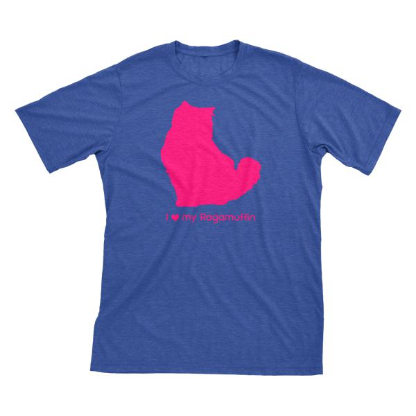 I Love My Ragamuffin | Must Love Cats® Hot Pink On Heathered Royal Blue Short Sleeve T-Shirt-Must Love Cats® T-Shirts-The Official Website of Jewelry Candles - Find Jewelry In Candles!