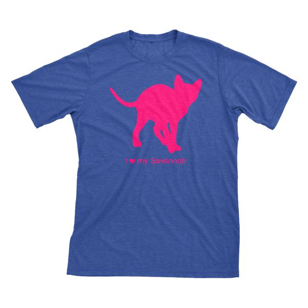 I Love My Savannah | Must Love Cats® Hot Pink On Heathered Royal Blue Short Sleeve T-Shirt-Must Love Cats® T-Shirts-The Official Website of Jewelry Candles - Find Jewelry In Candles!