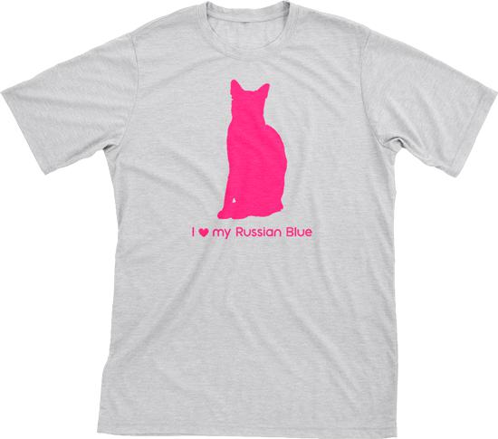 I Love My Russian Blue | Must Love Cats® Hot Pink On Heathered Grey Short Sleeve T-Shirt-Must Love Cats® T-Shirts-The Official Website of Jewelry Candles - Find Jewelry In Candles!