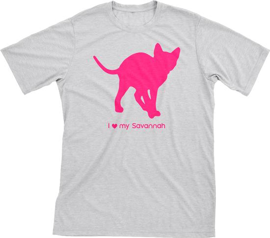 I Love My Savannah | Must Love Cats® Hot Pink On Heathered Grey Short Sleeve T-Shirt-Must Love Cats® T-Shirts-The Official Website of Jewelry Candles - Find Jewelry In Candles!