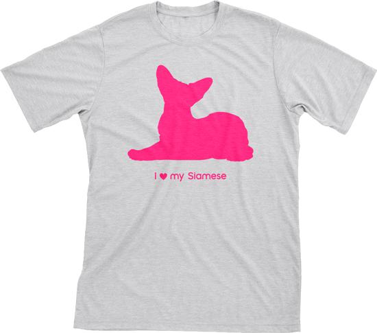 I Love My Siamese | Must Love Cats® Hot Pink On Heathered Grey Short Sleeve T-Shirt-Must Love Cats® T-Shirts-The Official Website of Jewelry Candles - Find Jewelry In Candles!