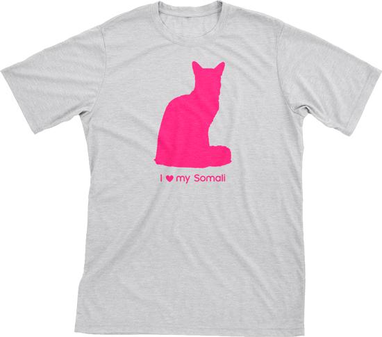 I Love My Somali | Must Love Cats® Hot Pink On Heathered Grey Short Sleeve T-Shirt-Must Love Cats® T-Shirts-The Official Website of Jewelry Candles - Find Jewelry In Candles!