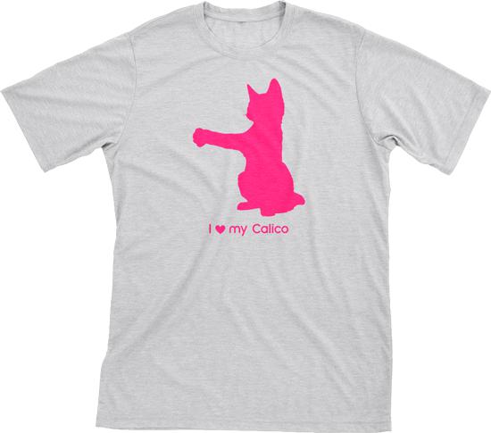 I Love My Calico | Must Love Cats® Hot Pink On Heathered Grey Short Sleeve T-Shirt-Must Love Cats® T-Shirts-The Official Website of Jewelry Candles - Find Jewelry In Candles!